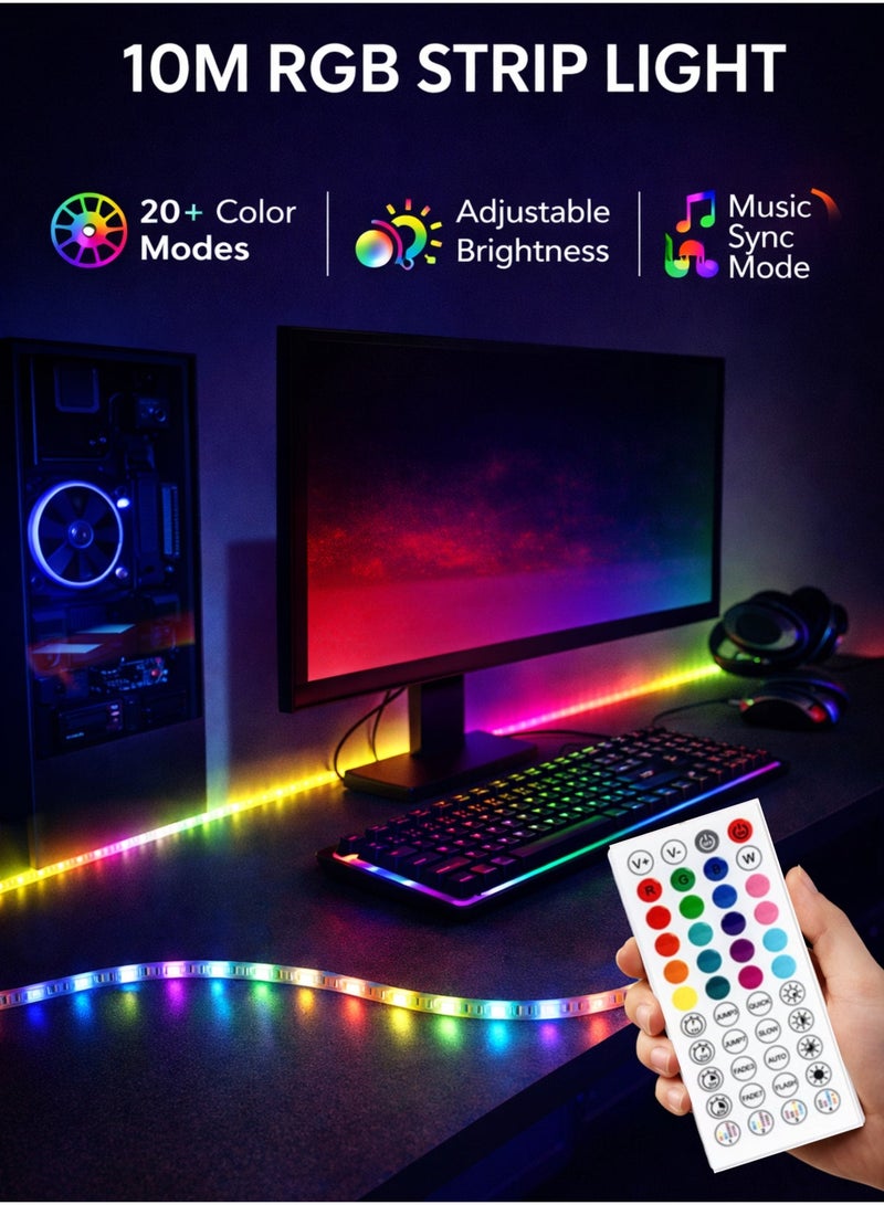 مودي شريط إضاءة LED RGB بطول 10 أمتار مع جهاز تحكم عن بعد، وأكثر من 20 وضعًا لونيًا، وسطوع قابل للتعديل، ومزامنة مع الموسيقى، مثالي لتزيين غرف النوم والمعيشة وألعاب الفيديو. - Image 1